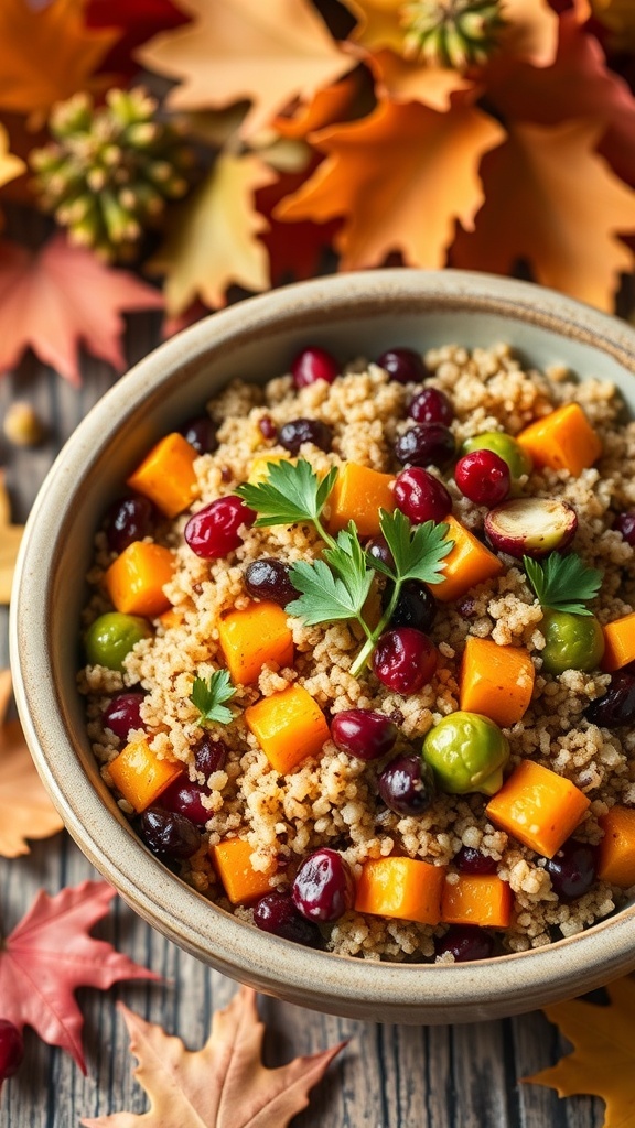 Autumn quinoa salad with roasted vegetables and cranberries in a rustic bowl, garnished with parsley.